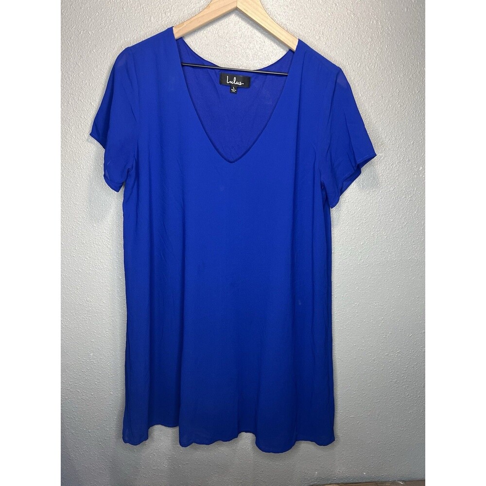 Lulu's Freestyle Blue Shift Dress Size Large Short Sleeve V-Neck Chiffon
